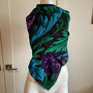Gianfranco FERRE Vtg 100% Silk Scarf w Foliage Print Black Blue Grn Purple Sz OS